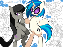 Size: 800x600 | Tagged: safe, artist:oniku, dj pon-3, octavia melody, vinyl scratch, earth pony, pony, unicorn, g4, bipedal, duo, music notes, pixiv