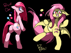 Size: 800x600 | Tagged: safe, artist:oniku, fluttershy, pinkie pie, bat pony, bats!, g4, party of one, blood, butt, cutie mark, explicit source, flutterbat, pinkamena diane pie, pixiv, plot, race swap