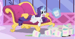 Size: 421x222 | Tagged: safe, screencap, rarity, pony, unicorn, g4, inspiration manifestation, season 4, animated, cartoon physics, comfort eating, crying, digestion without weight gain, eating, fainting couch, female, hammerspace, hammerspace belly, ice cream, loop, magic, magic aura, mare, marshmelodrama, nom, perfect loop, running makeup, sad, solo, stuffing, telekinesis, this will end in weight gain
