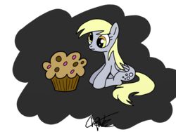 Size: 1024x768 | Tagged: safe, artist:th3applejack, derpy hooves, pegasus, pony, g4, abstract background, cute, digital art, female, muffin, sitting, solo