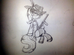 Size: 1290x968 | Tagged: safe, artist:burnoid096, octavia melody, earth pony, semi-anthro, g4, clothes, female, gun, hat, monochrome, sitting, solo, tommy gun, traditional art