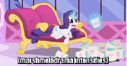 Size: 421x222 | Tagged: safe, edit, edited screencap, screencap, rarity, pony, unicorn, g4, inspiration manifestation, animated, caption, cartoon physics, comfort eating, crying, descriptive noise, digestion without weight gain, eating, extreme speed animation, eyes closed, fainting couch, female, frown, hammerspace, hammerspace belly, ice cream, image macro, levitation, magic, magic aura, mare, marshmelodrama, meme, open mouth, prone, puffy cheeks, running makeup, solo, stuffing, telekinesis, text, x intensifies