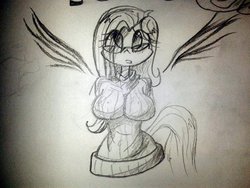 Size: 480x360 | Tagged: safe, artist:burnoid096, fluttershy, human, g4, breasts, busty fluttershy, clothes, female, humanized, monochrome, solo, sweater, sweatershy, tailed humanization, traditional art