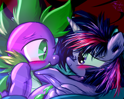 Size: 960x768 | Tagged: safe, artist:frist44, spike, twilight sparkle, alicorn, pony, g4, bed, caress, female, male, mare, older, prehensile tail, ship:twispike, shipping, straight, twilight sparkle (alicorn), wing hands