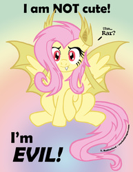 Size: 695x900 | Tagged: dead source, safe, artist:tcat, fluttershy, bat pony, pony, g4, :t, adoraevil, blatant lies, card carrying villain, clothes, costume, cute, cute little fangs, evil, fangs, female, flutterbat, fluttertsun, hilarious in hindsight, i'm not cute, looking at you, pure unfiltered evil, raised hoof, rawr, shyabates, shyabetes, sitting, solo, spread wings, tsundere