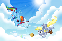 Size: 1000x667 | Tagged: safe, artist:x-chan-, derpy hooves, rainbow dash, pegasus, pony, g4, female, fishing rod, flying, mailbag, mare, muffin
