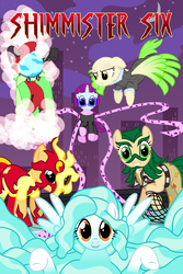 Size: 4666x7000 | Tagged: safe, artist:violetclm, cherry crash, drama letter, mystery mint, paisley, sunset shimmer, sweet leaf, watermelody, pony, raccoon, equestria girls, g4, absurd resolution, background human, bald, beret, clothes, doctor octopus, electro, equestria girls ponified, hydro-man, kraven the hunter, male, mask, mysterio, net, ponified, sandman, scarf, shimmer six, shocker, sinister six, spider-man, the vulture