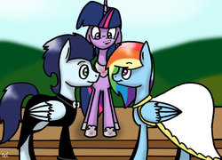 Size: 1024x738 | Tagged: safe, artist:lrusu, rainbow dash, soarin', twilight sparkle, alicorn, pony, g4, female, male, mare, ship:soarindash, shipping, straight, twilight sparkle (alicorn), wedding