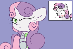 Size: 1280x853 | Tagged: artist needed, safe, sweetie belle, pony, robot, unicorn, g4, blushing, female, filly, foal, hooves, horn, one eye closed, open mouth, solo, sweetie bot, sweetiebellesbandb, wink