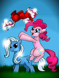 Size: 588x784 | Tagged: safe, artist:unitoone, pinkie pie, trixie, oc, g4, blank flank, female, lesbian, magical lesbian spawn, offspring, parent:pinkie pie, parent:trixie, parents:trixiepie, ship:trixiepie, shipping