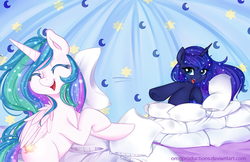 Size: 1088x704 | Tagged: dead source, safe, artist:omgproductions, princess celestia, princess luna, pony, g4, bipedal, cute, cutelestia, eyes closed, happy, open mouth, pillow fight, pillow fort, rearing, smiling, throwing, underhoof