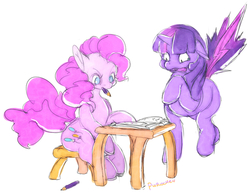Size: 500x387 | Tagged: safe, artist:purochen, pinkie pie, twilight sparkle, alicorn, pony, g4, 30 minute art challenge, book, female, floppy ears, mare, mouth hold, open mouth, pencil, raised hoof, shocked, sitting, twilight sparkle (alicorn), wide eyes