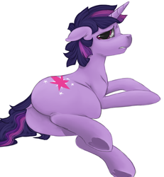 Size: 664x720 | Tagged: safe, artist:colorlesscupcake, twilight sparkle, pony, unicorn, g4, butt, dock, donk shine, dusk shine, embarrassed, featureless crotch, floppy ears, gritted teeth, hooves, looking at you, looking back, male, nose wrinkle, on side, plot, rule 63, solo, underhoof, unicorn dusk shine