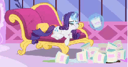 Size: 421x222 | Tagged: safe, screencap, rarity, pony, unicorn, g4, inspiration manifestation, season 4, animated, cartoon physics, comfort eating, crying, digestion without weight gain, fainting couch, female, hammerspace, hammerspace belly, ice cream, magic, magic aura, mare, marshmelodrama, reversed, running makeup, solo, stuffing, telekinesis