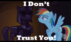 Size: 700x416 | Tagged: safe, artist:stevenator-20xx, rainbow dash, castle mane-ia, g4, armor, i dont trust you, meme, pewdiepie, untrusted statue