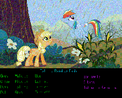 Size: 535x430 | Tagged: safe, artist:hypercatsallie, edit, edited screencap, screencap, applejack, rainbow dash, g4, my little pony: friendship is magic, the return of harmony, adventure game, chocolate, chocolate rain, corn, duo, food, game, gif, lucasarts, monkey island, non-animated gif, pc game, rain, scumm engine