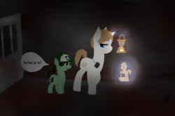 Size: 1500x1000 | Tagged: safe, artist:askponyromano, pony, amnesia: the dark descent, clementine (walking dead), oil lamp, pewdiepie, ponified, stephano, the walking dead, the walking dead game