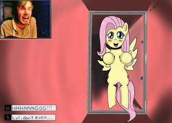 Size: 1400x1000 | Tagged: safe, artist:sonikku001, fluttershy, human, g4, blushing, crossover, cute, looking at you, open mouth, pewdiepie, playing, reaction, scared, scp foundation, smiling, this will end in death