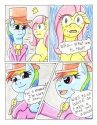 Size: 787x1015 | Tagged: safe, artist:the1king, fluttershy, rainbow dash, pegasus, pony, comic:fluttershy and the rainbow factory, fanfic:rainbow factory, g4, comic, fanfic art, female, mare, parody, roald dahl, traditional art, willy wonka, willy wonka and the chocolate factory