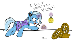 Size: 1179x653 | Tagged: safe, artist:firehazard14, trixie, pony, unicorn, g4, amnesia: the dark descent, angry, female, glare, headset, i dont trust you, mare, oil lamp, open mouth, pewdiepie, playing, pointing, solo, stephano, wheel, wheels trixie, wide eyes, yelling