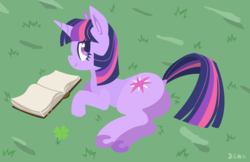 Size: 900x582 | Tagged: safe, artist:livesmutanon, twilight sparkle, pony, g4, babscon, book, butt, clover, dock, female, four leaf clover, looking at you, looking back, looking back at you, mare, on side, plot, smiling, solo, underhoof