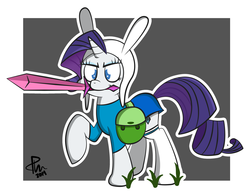 Size: 2840x2222 | Tagged: safe, artist:dahhez, rarity, pony, unicorn, g4, adventure time, cosplay, female, high res, mare, mouth hold, solo, sword, weapon