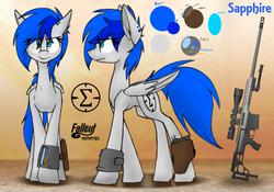 Size: 5362x3743 | Tagged: safe, artist:ralek, oc, oc only, oc:sapphire sights, pegasus, pony, fallout equestria, cutie mark, female, gun, hooves, m98b, mare, optical sight, pipbuck, reference sheet, rifle, sniper rifle, solo, weapon, wings