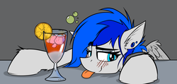 Size: 2717x1298 | Tagged: source needed, useless source url, safe, artist:ralek, oc, oc only, oc:sapphire sights, fallout equestria, alcohol, blushing, drunk, orange, pipbuck, solo, tongue out
