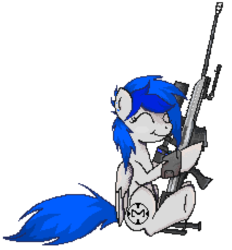 Size: 852x917 | Tagged: safe, artist:capreola, oc, oc only, oc:sapphire sights, pegasus, pony, fallout equestria, cutie mark, eyes closed, female, gun, hooves, m98b, mare, optical sight, pipbuck, pixel art, rifle, simple background, sitting, smiling, sniper rifle, solo, transparent background, weapon, wings