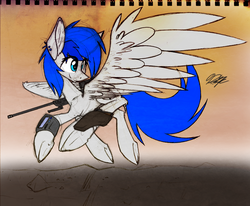 Size: 1900x1562 | Tagged: safe, artist:ralek, oc, oc only, oc:sapphire sights, pegasus, pony, fallout equestria, colored sketch, female, flying, gun, hooves, looking back, m98b, mare, pipbuck, rifle, smiling, sniper rifle, solo, spread wings, weapon, wings