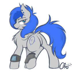 Size: 2000x2000 | Tagged: safe, artist:nekocrispy, oc, oc only, oc:sapphire sights, pegasus, pony, fallout equestria, butt, commission, dock, featureless crotch, female, gun, high res, looking back, pipbuck, plot, solo