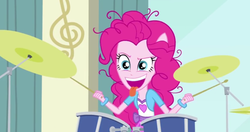 Size: 1908x1005 | Tagged: safe, screencap, pinkie pie, equestria girls, g4, my little pony equestria girls: rainbow rocks, pinkie on the one, drums, female, musical instrument, ponied up, solo