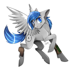 Size: 2894x2894 | Tagged: safe, artist:picheww, oc, oc only, oc:sapphire sights, fallout equestria, commission, gun, high res, pipbuck, smiling, solo