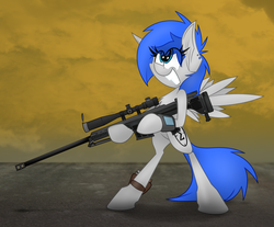 Size: 1600x1323 | Tagged: safe, artist:ralek, oc, oc only, oc:sapphire sights, pegasus, pony, fallout equestria, bipedal, chest fluff, cutie mark, ear piercing, female, grin, gun, hoof hold, hooves, m98b, mare, optical sight, piercing, pipbuck, rifle, scope, smiling, sniper rifle, solo, spread wings, teeth, weapon, wings