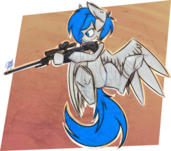 Size: 1331x1175 | Tagged: safe, artist:ralek, oc, oc only, oc:sapphire sights, pegasus, pony, fallout equestria, female, gun, hooves, m98b, mare, optical sight, rifle, sniper rifle, solo, spread wings, teeth, weapon, wings