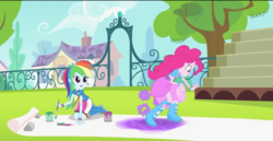 Size: 1364x703 | Tagged: safe, screencap, pinkie pie, rainbow dash, equestria girls, g4, my little pony equestria girls: rainbow rocks, pinkie on the one, boots, bracelet, clothes, female, glitter, high heel boots, jewelry, skirt