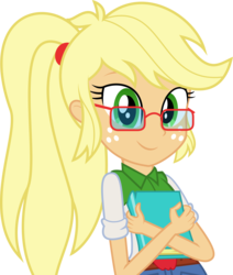 Size: 6169x7278 | Tagged: safe, artist:diamondsword11, applejack, equestria girls, g4, absurd resolution, alternate hairstyle, book, female, glasses, nerd pony, ponytail, simple background, solo, transparent background, vector