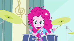 Size: 960x540 | Tagged: safe, screencap, pinkie pie, equestria girls, g4, my little pony equestria girls: rainbow rocks, pinkie on the one, animated, cymbals, drum kit, drums, female, hi-hat, messy hair, musical instrument, open mouth, panting, ponied up, raised eyebrow, smiling, solo, tongue out