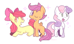 Size: 267x160 | Tagged: safe, artist:milkii-ways, apple bloom, scootaloo, sweetie belle, earth pony, pegasus, pony, unicorn, g4, bow, cutie mark crusaders, female, filly, hair bow, horn, one eye closed, open mouth, pixel art, simple background, smiling, sparkles, white background, wings, wink