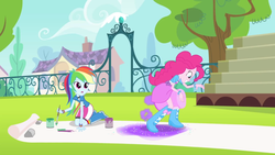 Size: 1440x810 | Tagged: safe, screencap, pinkie pie, rainbow dash, equestria girls, g4, my little pony equestria girls: rainbow rocks, pinkie on the one, banner, boots, bracelet, clothes, female, glitter, high heel boots, jewelry, out of context, paintbrush, skirt, soccer field