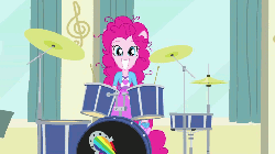 Size: 960x540 | Tagged: safe, screencap, pinkie pie, equestria girls, pinkie on the one, rainbow rocks, animated, ba dum tss, cute, diapinkes, drum kit, drums, female, grin, looking at you, messy mane, musical instrument, open mouth, ponied up, rimshot, smiling, solo, squee