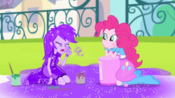 Size: 1440x810 | Tagged: safe, screencap, pinkie pie, rainbow dash, equestria girls, g4, my little pony equestria girls: rainbow rocks, pinkie on the one, balloon, banner, boots, bracelet, clothes, coughing, covered, cute, female, glitter, high heel boots, purple dash, skirt, smiling, socks, you seem upset
