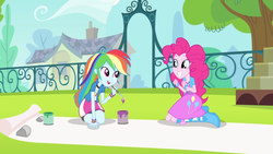 Size: 1440x810 | Tagged: safe, screencap, pinkie pie, rainbow dash, equestria girls, g4, my little pony equestria girls: rainbow rocks, pinkie on the one, balloon, boots, bracelet, clothes, cute, female, fence, grass, high heel boots, house, jewelry, paintbrush, rock, skirt, tree, wristband
