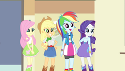 Size: 1440x810 | Tagged: safe, screencap, applejack, fluttershy, rainbow dash, rarity, equestria girls, g4, my little pony equestria girls: rainbow rocks, pinkie on the one, female