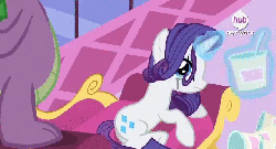 Size: 640x346 | Tagged: safe, screencap, rarity, spike, g4, inspiration manifestation, animated, comfort eating, crying, fainting couch, hub logo, hubble, ice cream, marshmelodrama, running makeup, the hub