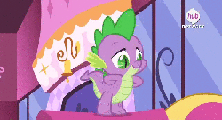 Size: 640x346 | Tagged: safe, screencap, spike, dragon, g4, inspiration manifestation, animated, fainting couch, hub logo, hubble, male, solo, the hub