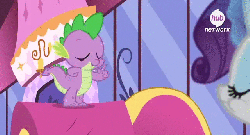 Size: 640x346 | Tagged: safe, screencap, rarity, spike, g4, inspiration manifestation, animated, fainting couch, hub logo, hubble, inspiration manifestation book, the hub