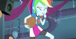 Size: 640x332 | Tagged: safe, screencap, rainbow dash, equestria girls, g4, my little pony equestria girls: rainbow rocks, shake your tail, balloon, basketball, blowing, eyes closed, female, get, gym, index get, puffy cheeks, rainblow dash, solo, sports, whistle, x0000 milestone