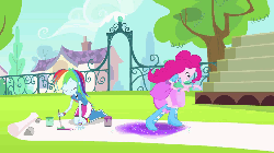 Size: 1280x720 | Tagged: safe, screencap, pinkie pie, rainbow dash, equestria girls, g4, my little pony equestria girls: rainbow rocks, pinkie on the one, animated, balloon, boots, bracelet, clothes, drumming, female, glitter, high heel boots, jewelry, out of context, paint, rock, skirt