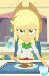 Size: 332x516 | Tagged: safe, screencap, applejack, pinkie pie, equestria girls, g4, my little pony equestria girls, my little pony equestria girls: rainbow rocks, pinkie on the one, animated, applejack is not amused, female, food, offscreen character, palindrome get, sandwich, spoon, unamused